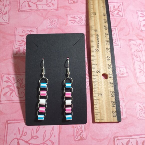 Trans Pride Flag Chain Link Drop Earrings Baby Reveal Pink Blue Dangle Women - Picture 3 of 4